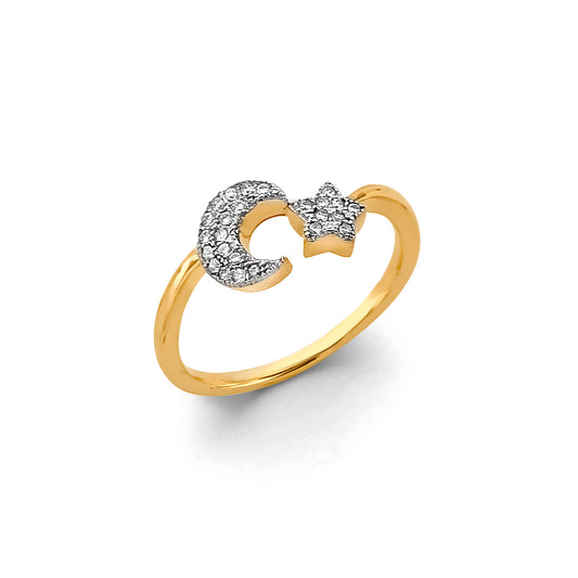 14K Two-Tone Gold Crescent Moon and Star CZ Ring