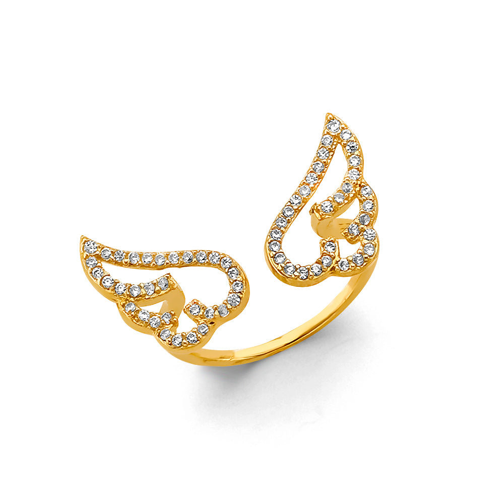 14K Yellow Gold Double Angel Wing CZ Ring