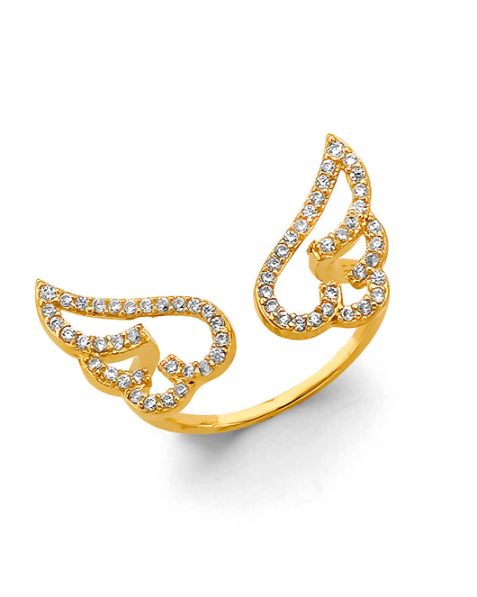 14K Yellow Gold Double Angel Wing CZ Ring