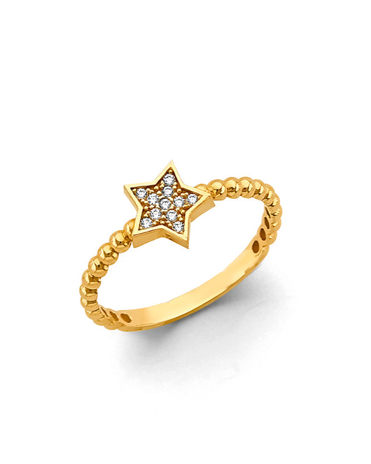 14K Yellow Gold Beaded Star CZ Ring