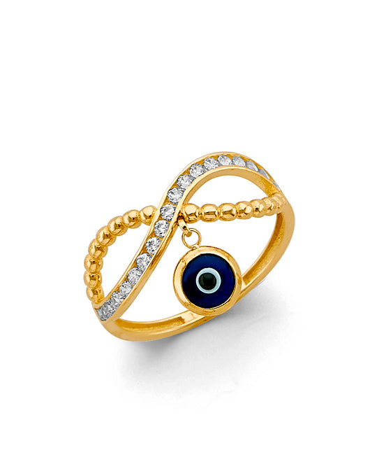 14K Yellow Gold Evil Eye CZ Beaded Ring