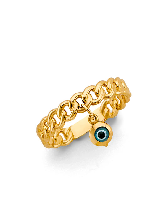 14K Yellow Gold Cuban Link Evil Eye Ring
