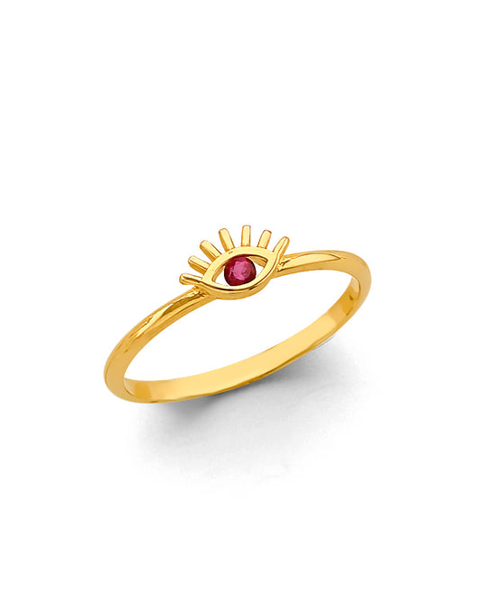 14K Yellow Gold Evil Eye Design Ring with Synthetic Red Ruby CZ