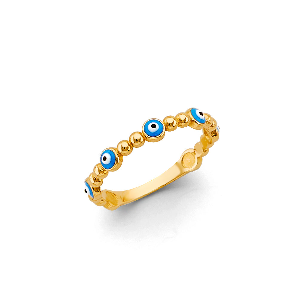 14K Yellow Gold Blue Evil Eye Beaded Ring