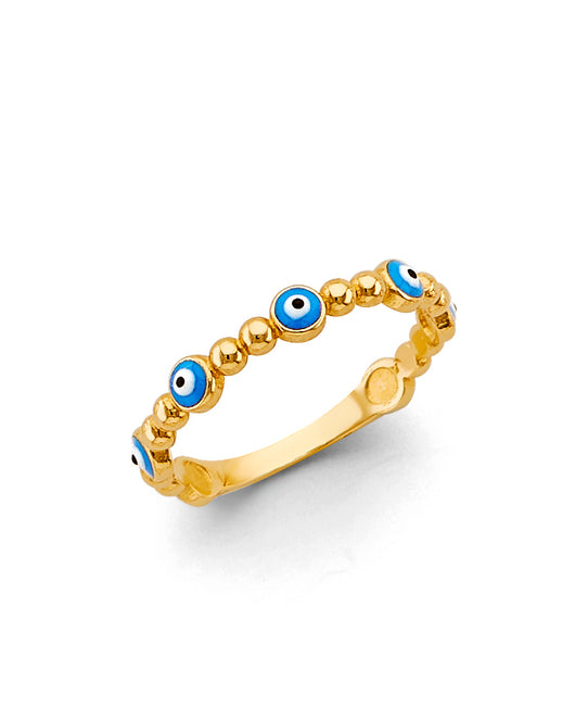 14K Yellow Gold Blue Evil Eye Beaded Ring