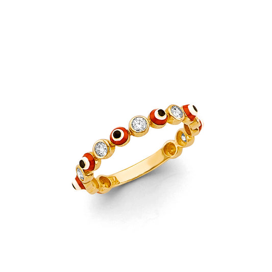 14K Yellow Gold Red Evil Eye & CZ Station Ring