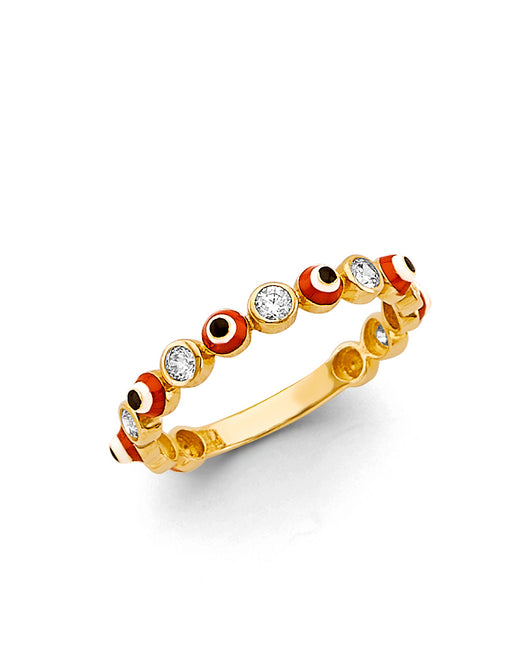 14K Yellow Gold Red Evil Eye & CZ Station Ring