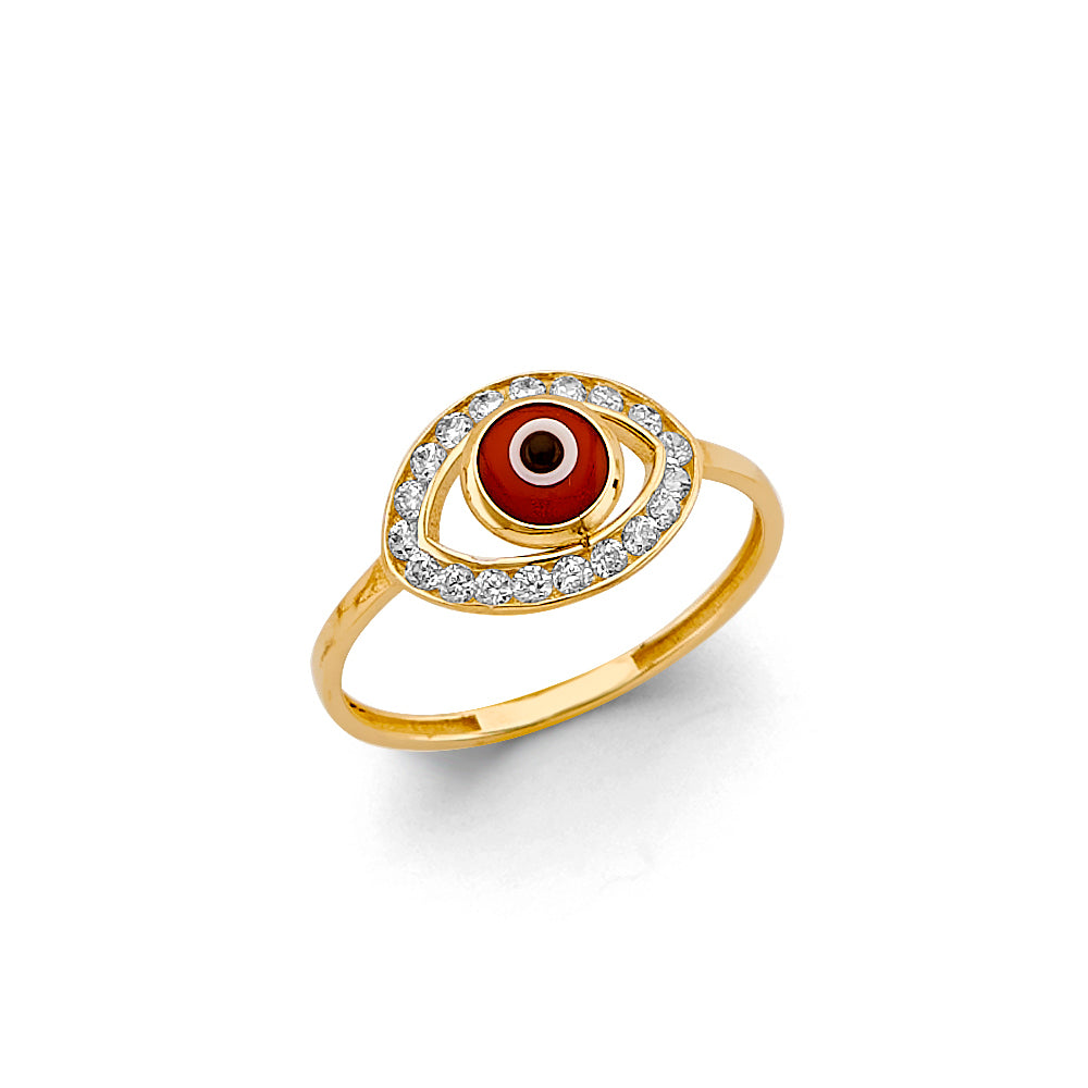 14K Yellow Gold Red Evil Eye Halo CZ Ring