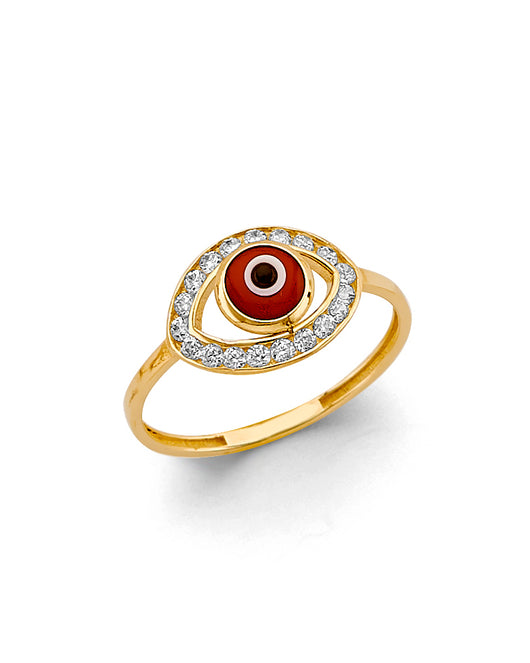14K Yellow Gold Red Evil Eye Halo CZ Ring