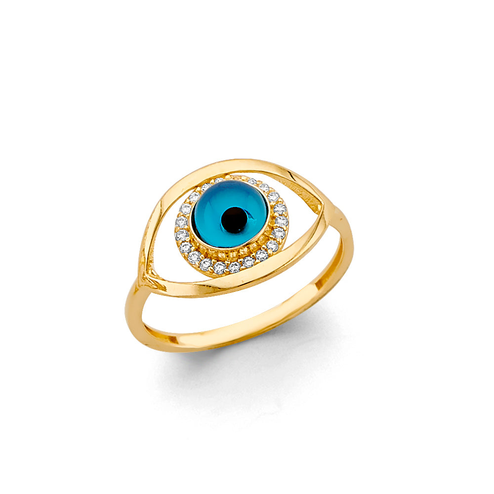 14K Yellow Gold Blue Evil Eye Halo CZ Ring