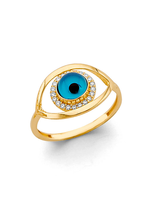 14K Yellow Gold Blue Evil Eye Halo CZ Ring