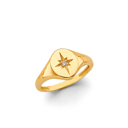 14K Yellow Gold Starburst Signet Ring with CZ