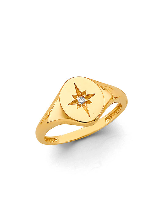 14K Yellow Gold Starburst Signet Ring with CZ
