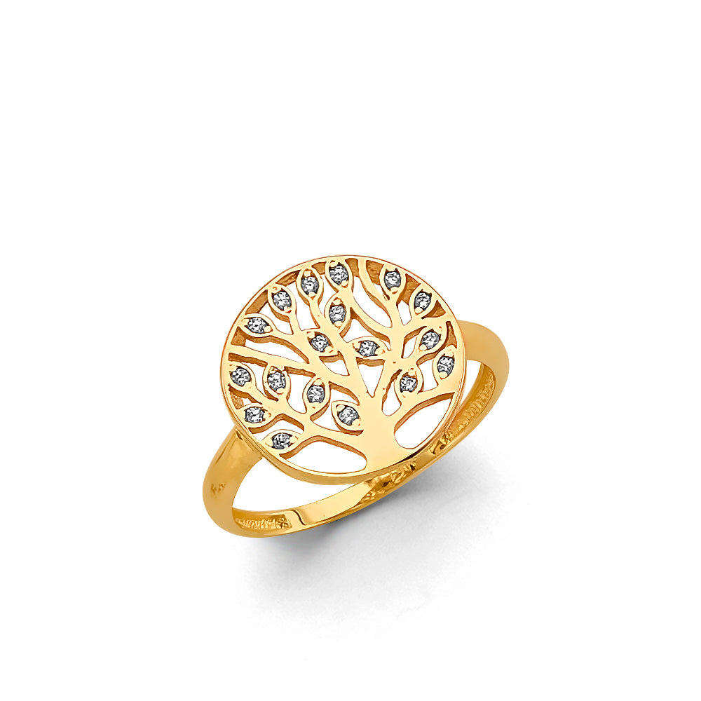 14K Yellow Gold Tree of Life Design Ring with CZ