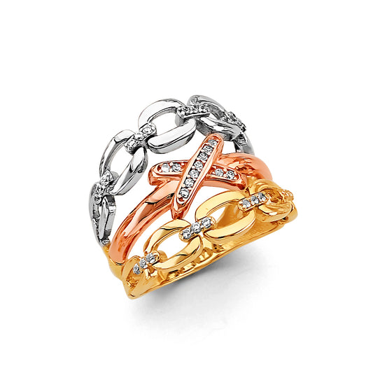 14K Tri-Color Gold Women's Cuban Link Design CZ Ring
