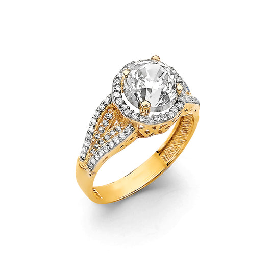 14K Yellow Gold Women’s Round Halo Solitaire CZ Ring