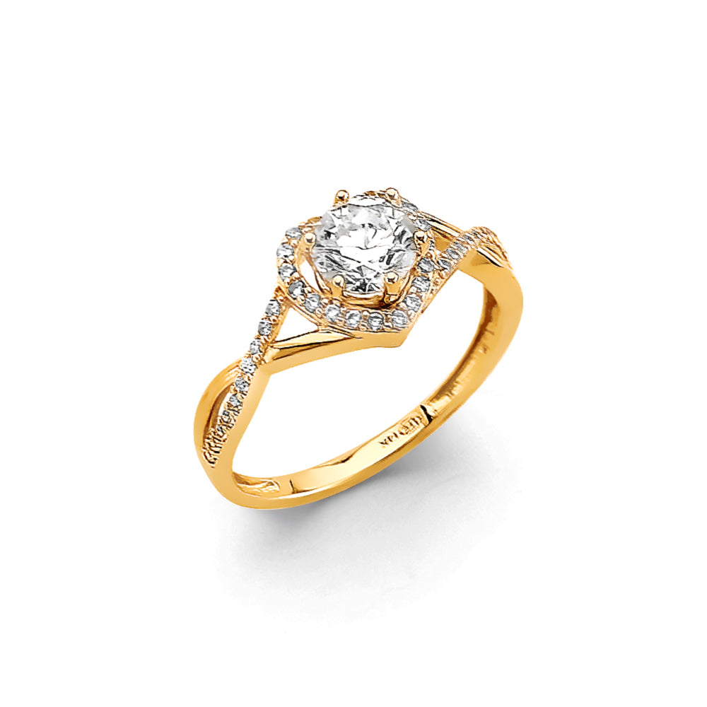 14K Yellow Gold Solitaire Halo CZ Ring