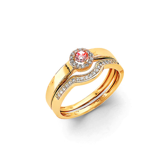 14K Yellow Gold 2-Piece Halo Solitaire Pink CZ Ring Set