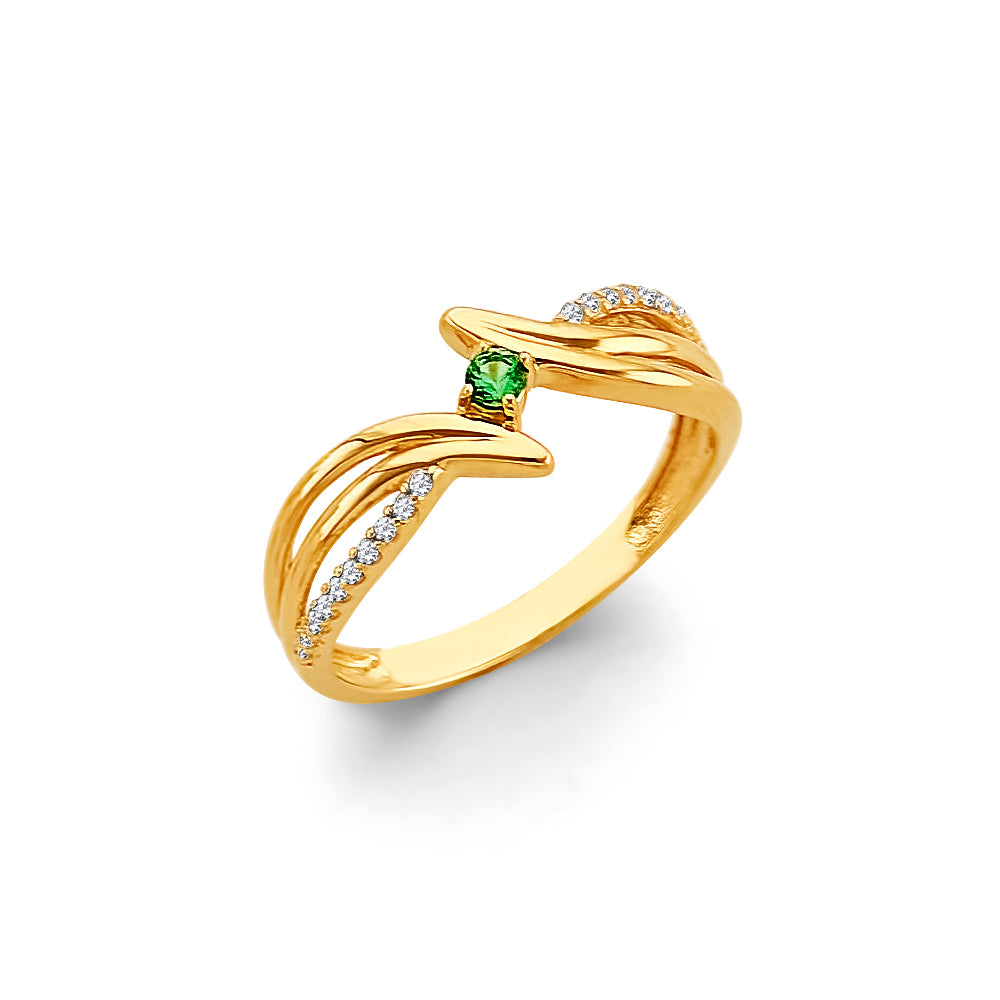 14K Yellow Gold Synthetic Emerald Green CZ Family Ring