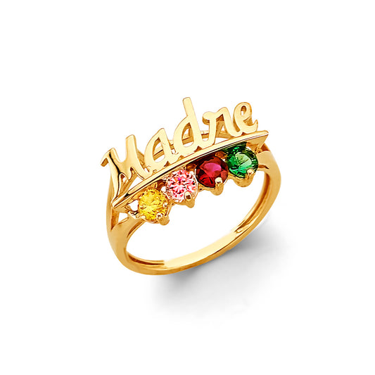14K Yellow Gold Madre Name Design 4-Stone Multicolor CZ Ring, perfect for customization as a Mother’s Ring