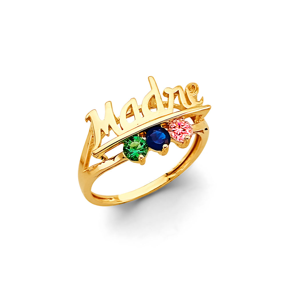 14K Yellow Gold Madre Name Design 3-Stone Multicolor CZ Ring, perfect for customization as a Mother’s Ring