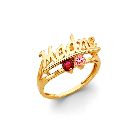 14K Yellow Gold Madre Name Design 2-Stone Multicolor CZ Ring, perfect for customization as a Mother’s Ring