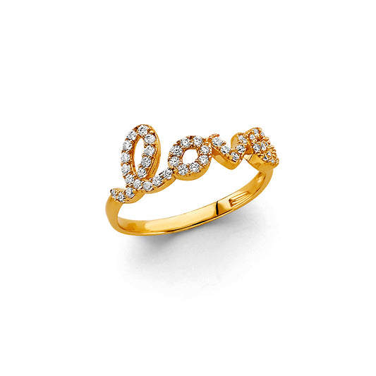 14K Yellow Gold Women’s Love Script CZ Ring