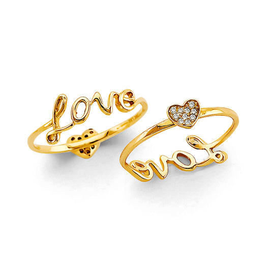 14K Yellow Gold Women’s Double Sided Love Script & Heart CZ Ring