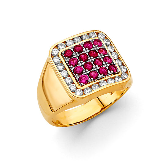 14K Yellow Gold Men’s Ring with Synthetic Round Ruby Stones and Cubic Zirconia