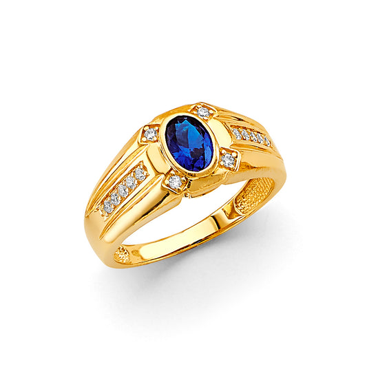 14K Yellow Gold Men’s Ring with Synthetic Oval-Cut Blue Sapphire Stone accented with Cubic Zirconia.