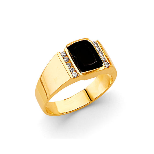 14K Yellow Gold Men’s Rectangular Bezel Set Black CZ Ring with CZ Accents