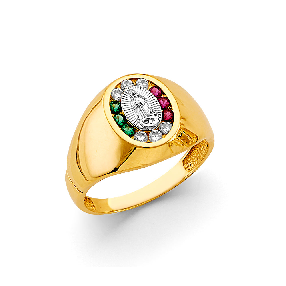 14K Yellow Gold Men’s Round Virgin Guadalupe Ring with Multicolor CZ Stones