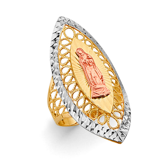 14K Tri-Color Gold Virgin Guadalupe Filigree Design Women’s Ring