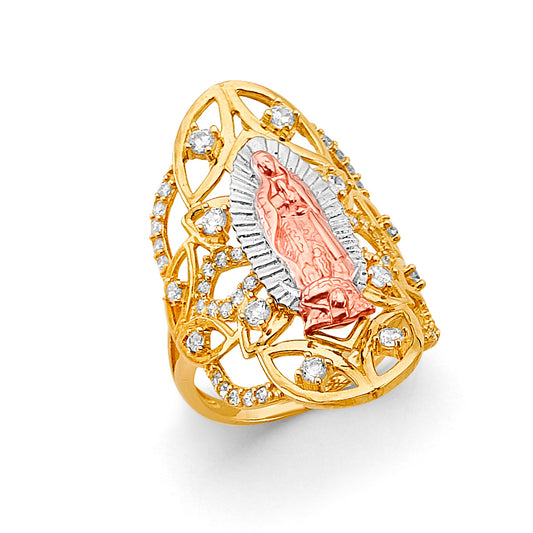 14K Tri-Color Gold Virgin Guadalupe Filigree Design Women’s Ring