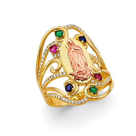 14K Tri-Color Gold Virgin Guadalupe Filigree Design Women’s Ring