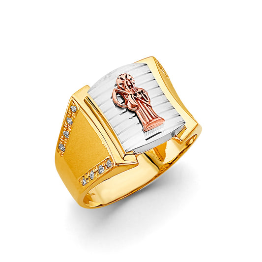 14K Tri-Color Gold Men’s Santa Muerte Rectangular Design CZ Ring
