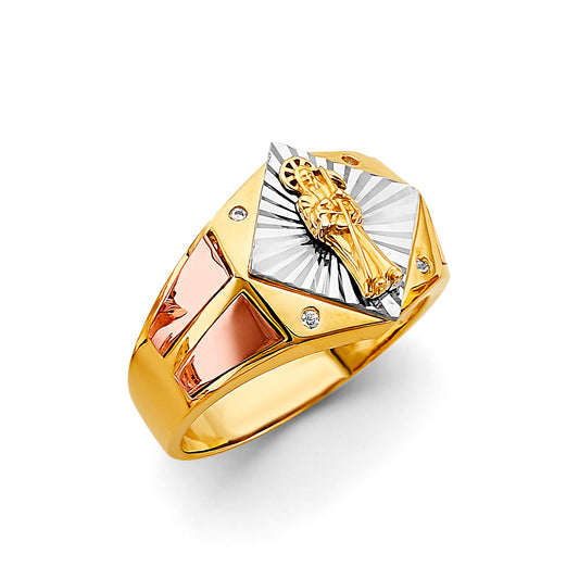 14K Tri-Color Gold Men’s Santa Muerte Square Design CZ Ring
