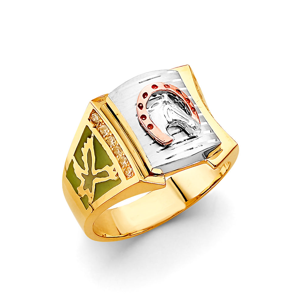 14K Tri-Color Gold Men’s Horseshoe Design Horse Head CZ Ring