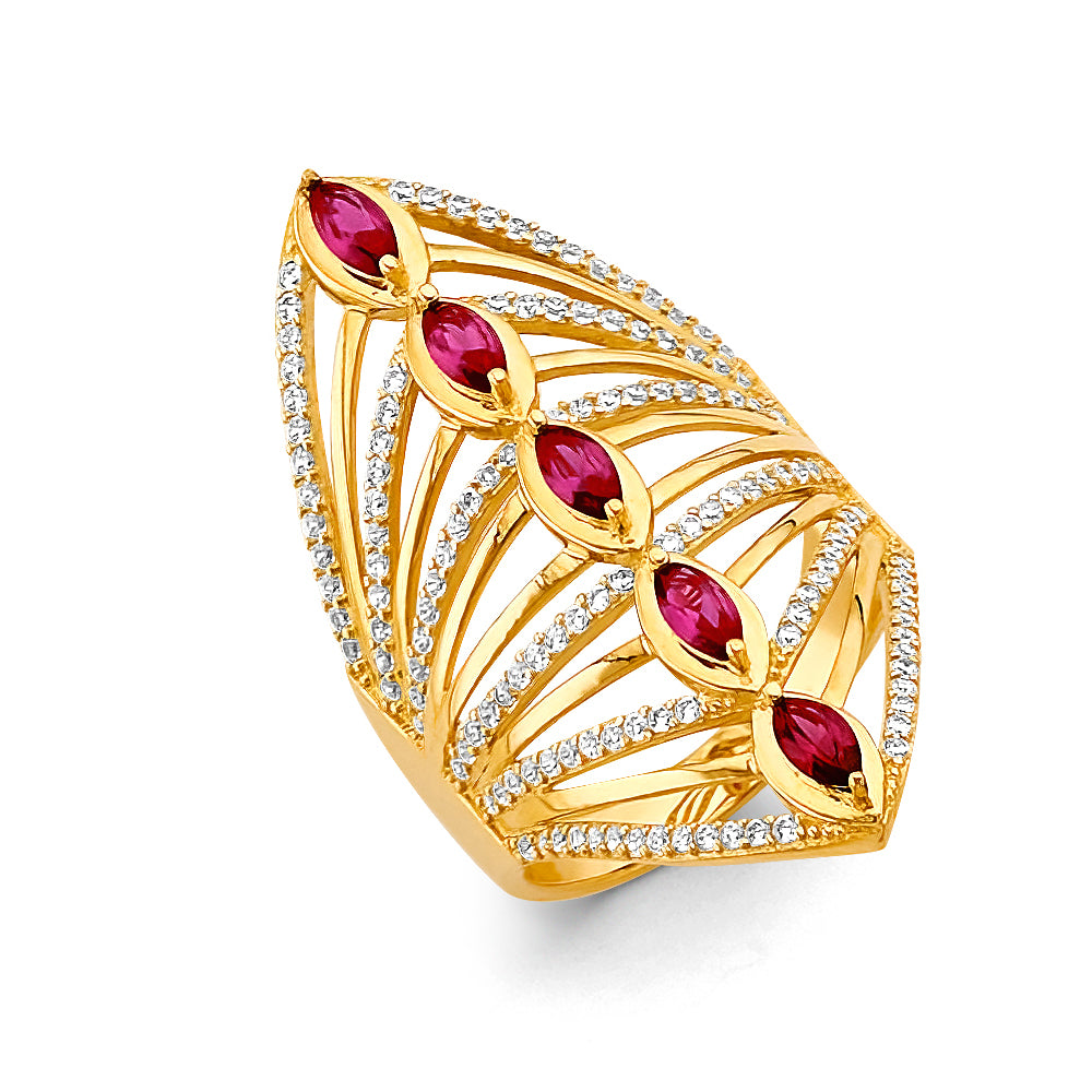 14K Yellow Gold Women’s Marquise Design Synthetic Red Ruby CZ Fashion Ring