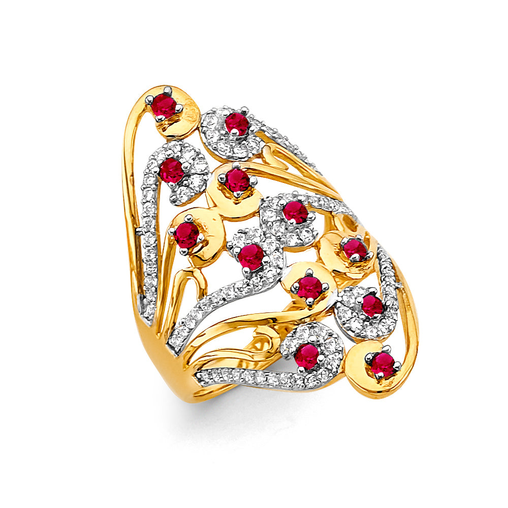 14K Yellow Gold Women’s Sculpted Flow Design Synthetic Red Ruby CZ Fashion Ring