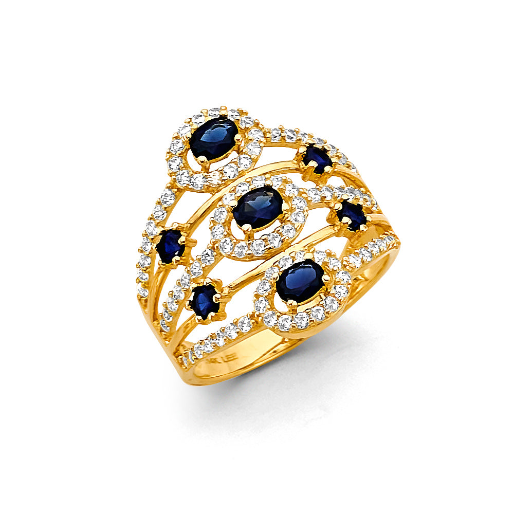 14K Yellow Gold Women’s Sculpted Flow Design Synthetic Sapphire Blue CZ Fashion Ring