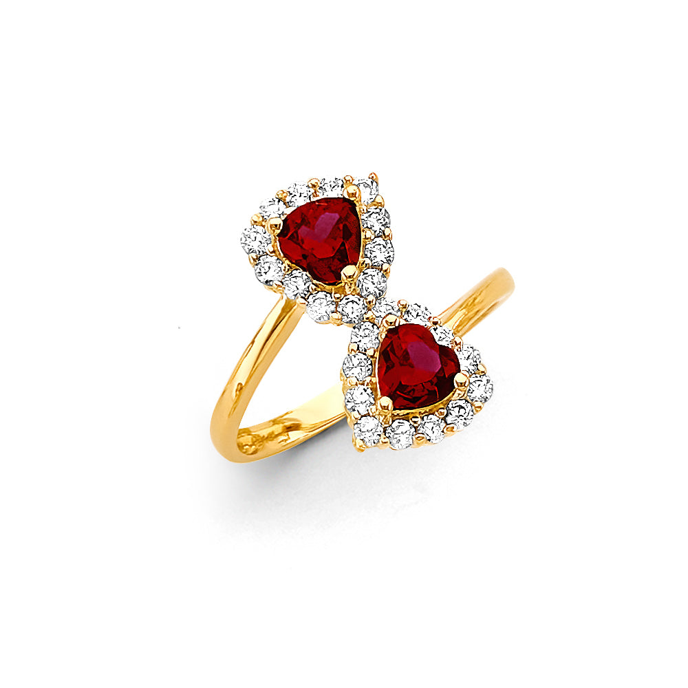 14K Yellow Gold Women’s Double Heart Shape Synthetic Red Ruby CZ Halo Ring