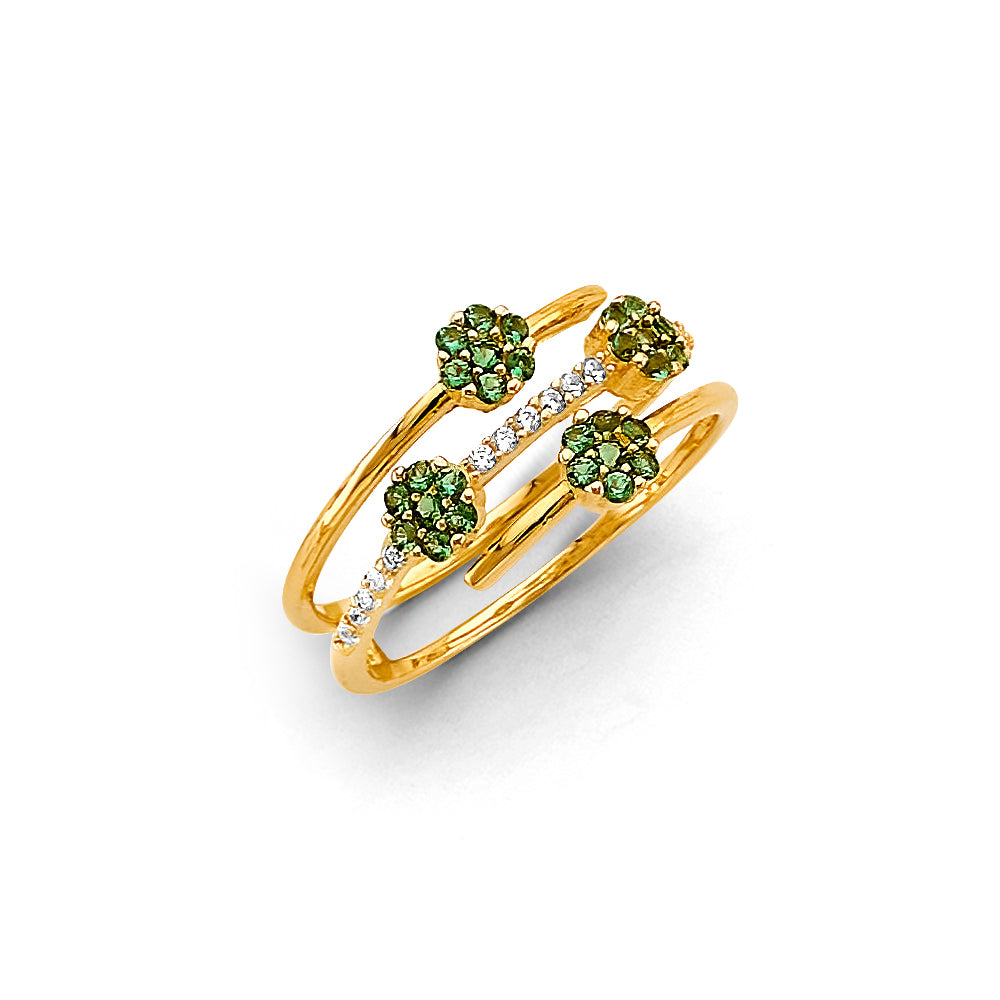 14K Yellow Gold Women’s Open Bypass Cluster Design Ring with Synthetic Emerald Green CZ