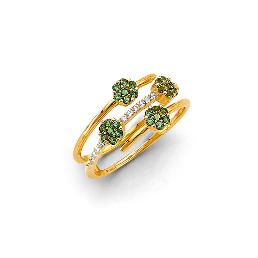 14K Yellow Gold Women’s Open Bypass Cluster Design Ring with Synthetic Emerald Green CZ