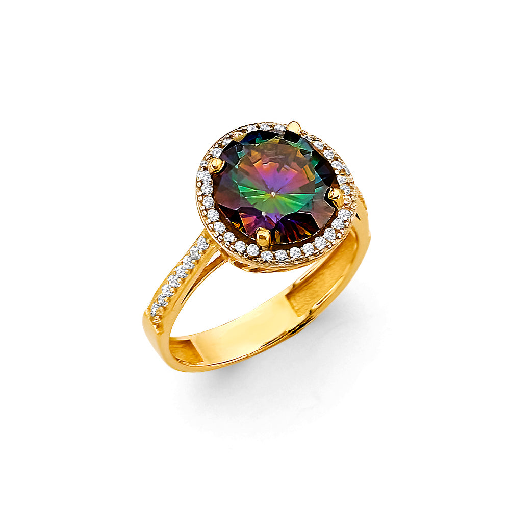 14K Yellow Gold Round Cut Multicolor CZ Halo Ring