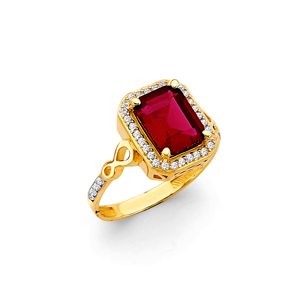 14K Yellow Gold Emerald Cut Synthetic Red Ruby CZ Halo Ring