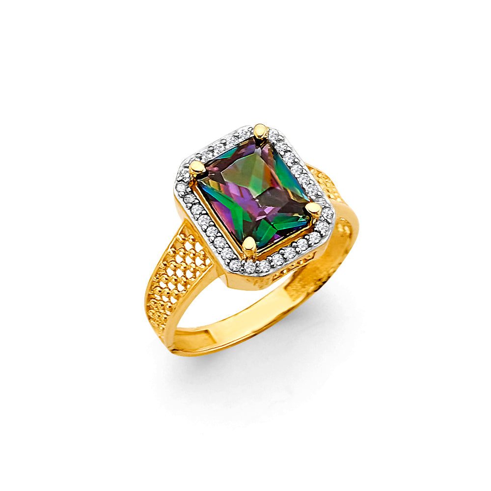 14K Yellow Gold Emerald Cut Rainbow Mystic CZ Halo Ring