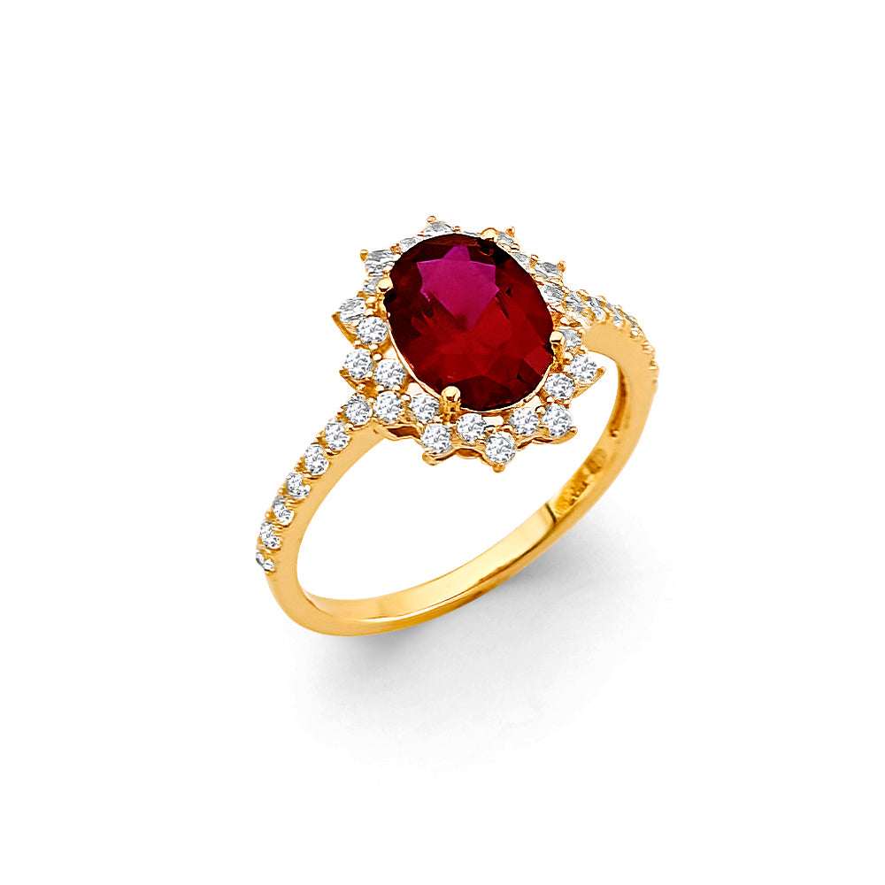 14K Yellow Gold Oval Synthetic Red Ruby CZ Halo Ring