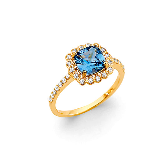 14K Yellow Gold Aquamarine CZ Cushion Halo Ring