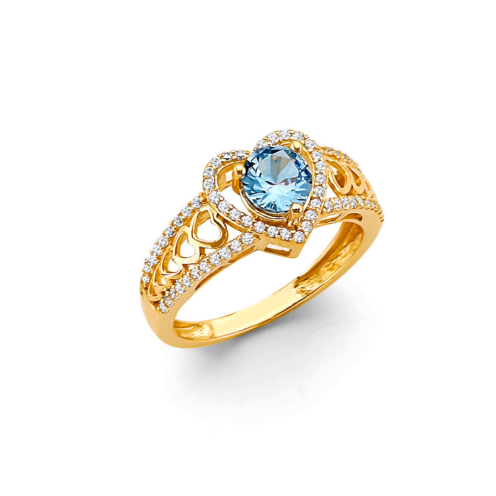 14K Yellow Gold Aquamarine CZ Double Halo Filigree Ring